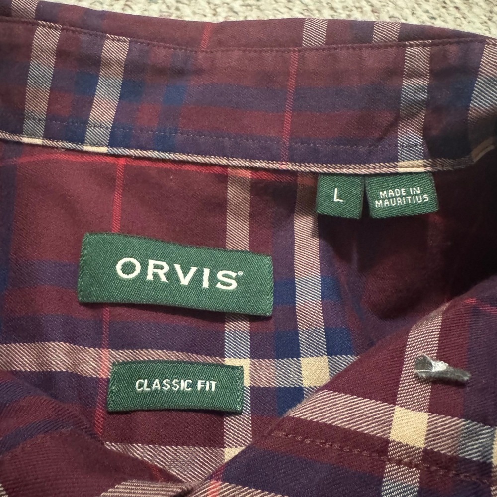 Orvis Mens Large Classic Fit Wrinkle Free Plaid Button Down Shirt Burgundy Navy - Picture 4 of 9
